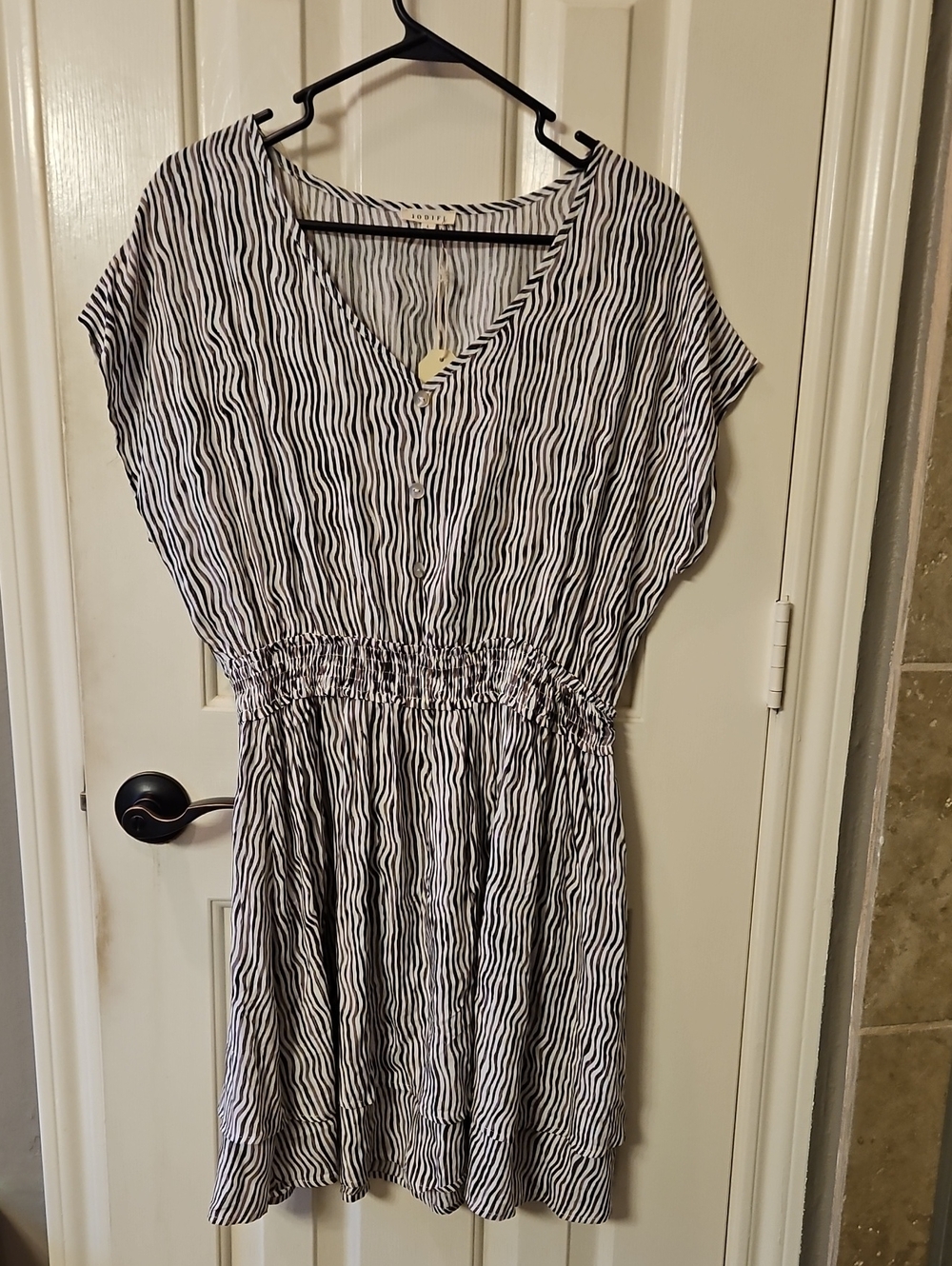 JODIFL Black & White Striped V-Neck Smocked-Waist Mini Dress